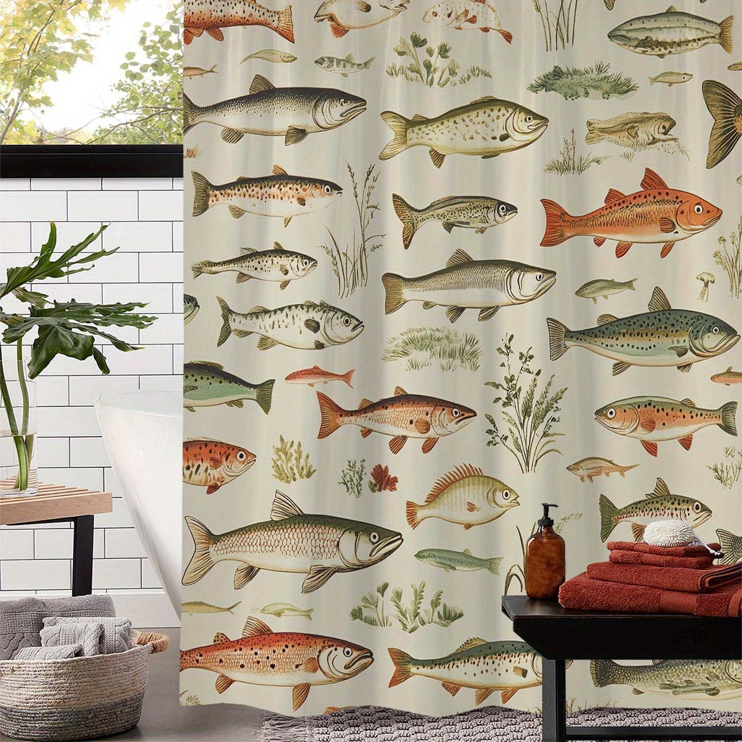 Vintage Fisktryck Duschdraperi Vattentätt, Maskintvättbart Polyestertyg, Konstnärlig Akvatisk Design för Badrumsinredning