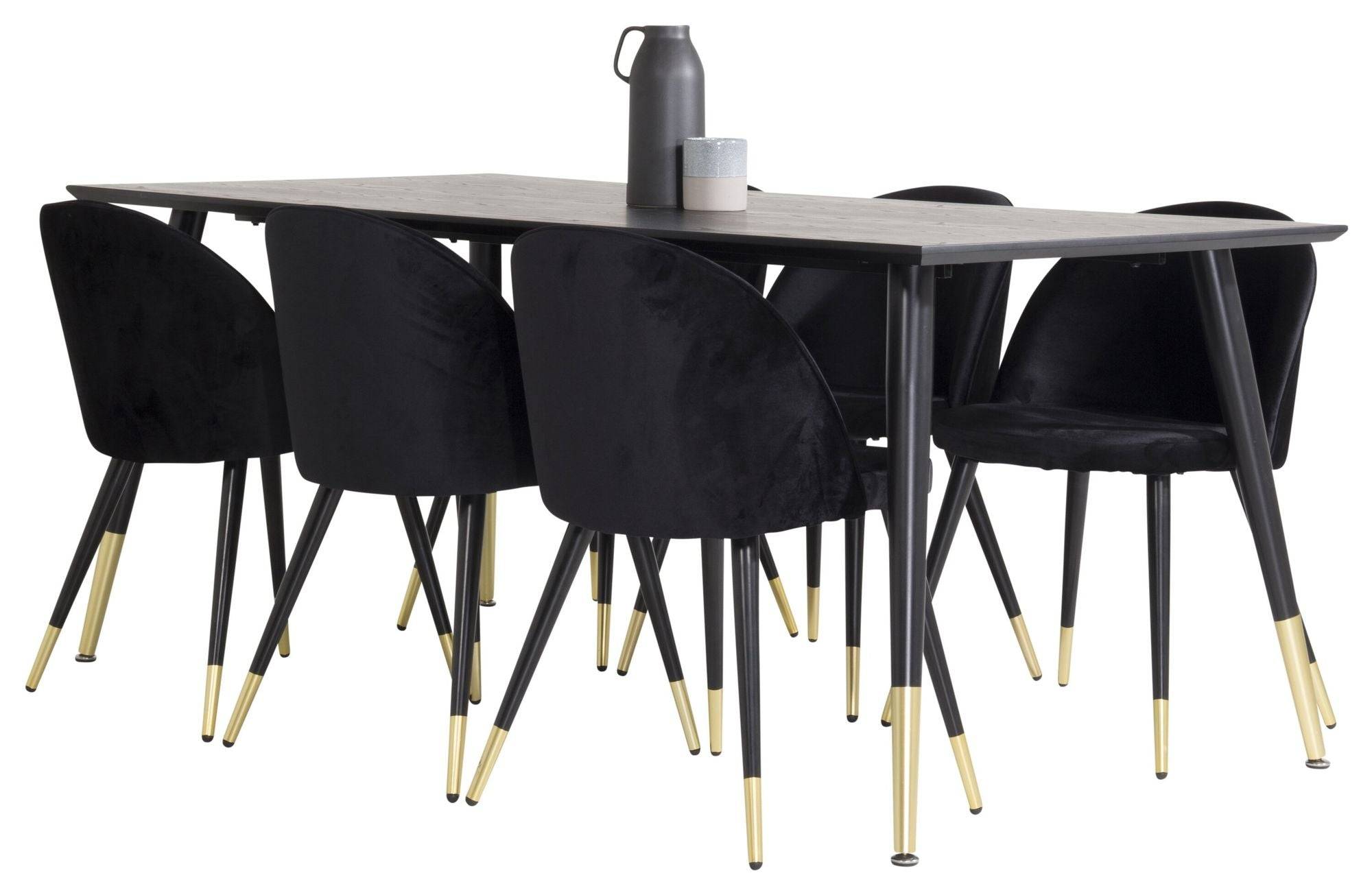 Venture Home Dipp spisebord - 180*90cm - Black Veneer / black legs w brass dipp - Velvet Spisebordsstol Brass - Black / Black 6