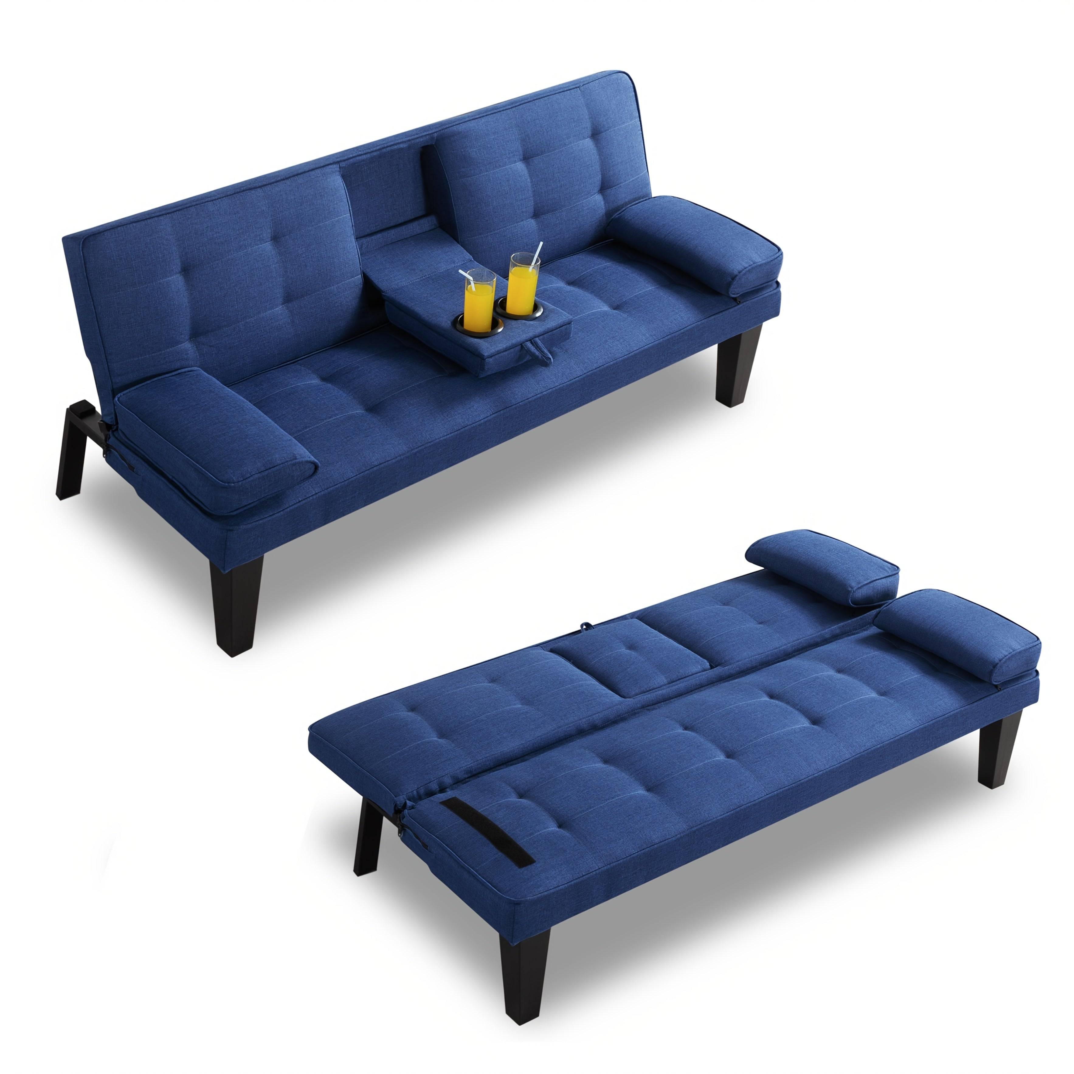 Sofa Bed That Can Be Folded, Featuring an Adjustable Lounge Chair with Removable Armrests - Blue