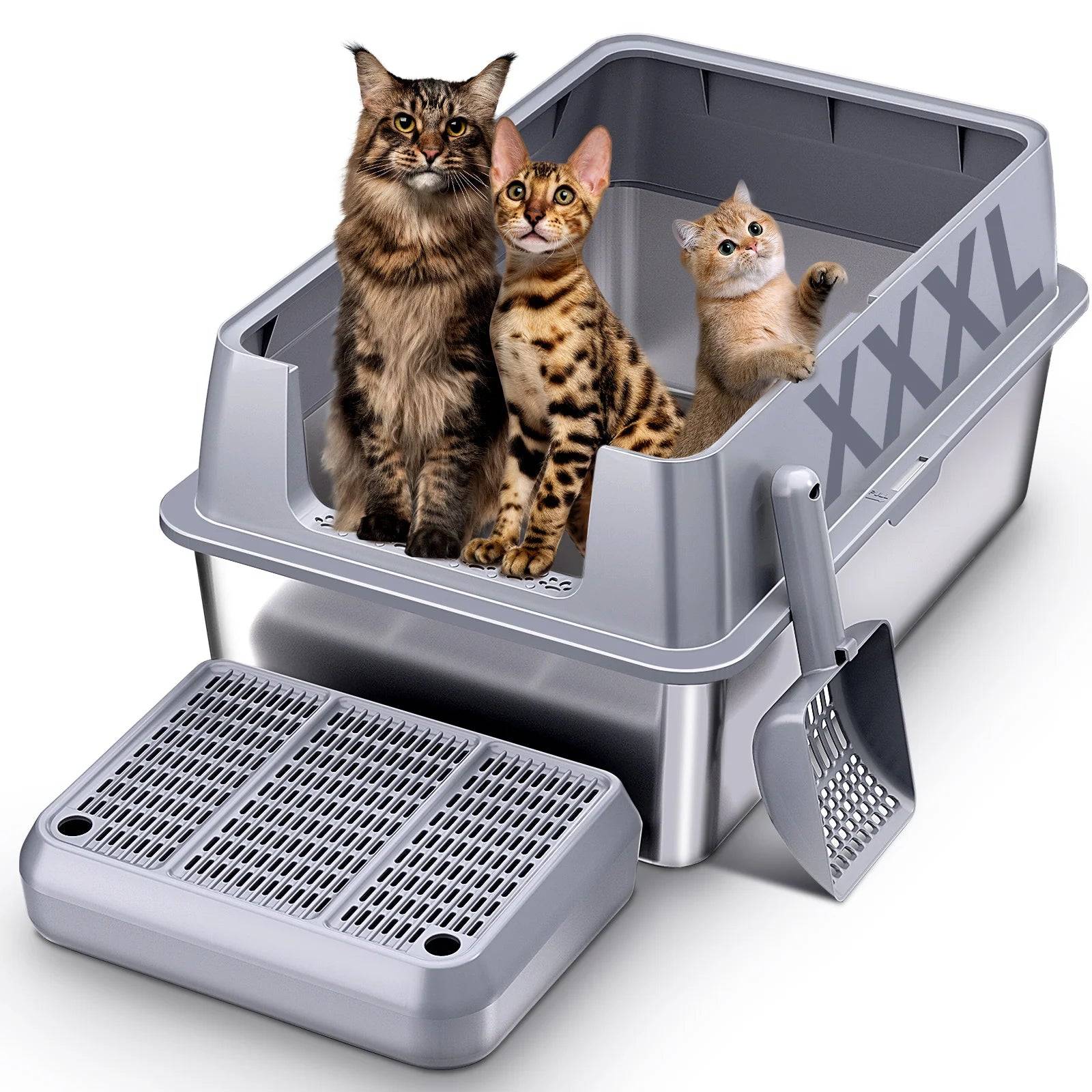 XXXL Stainless Steel Cat Litter Box with Lid — High Sides for Large & Big Cats - Light with pedals / XXXL (XXXL)