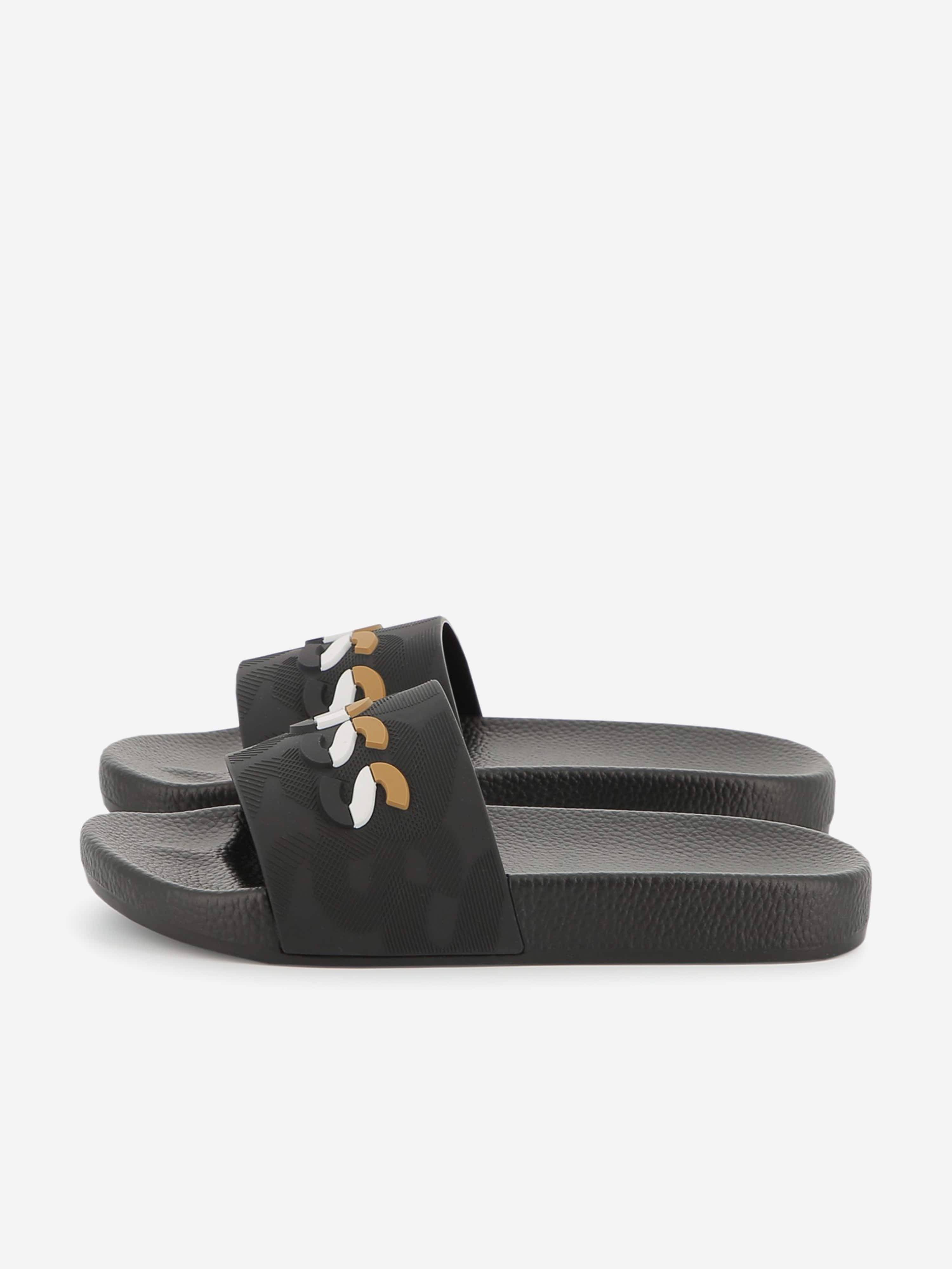 BOSS Boys Striped Logo Sliders in Black - Black / EU 39 UK 6 (EU 39 UK 6)