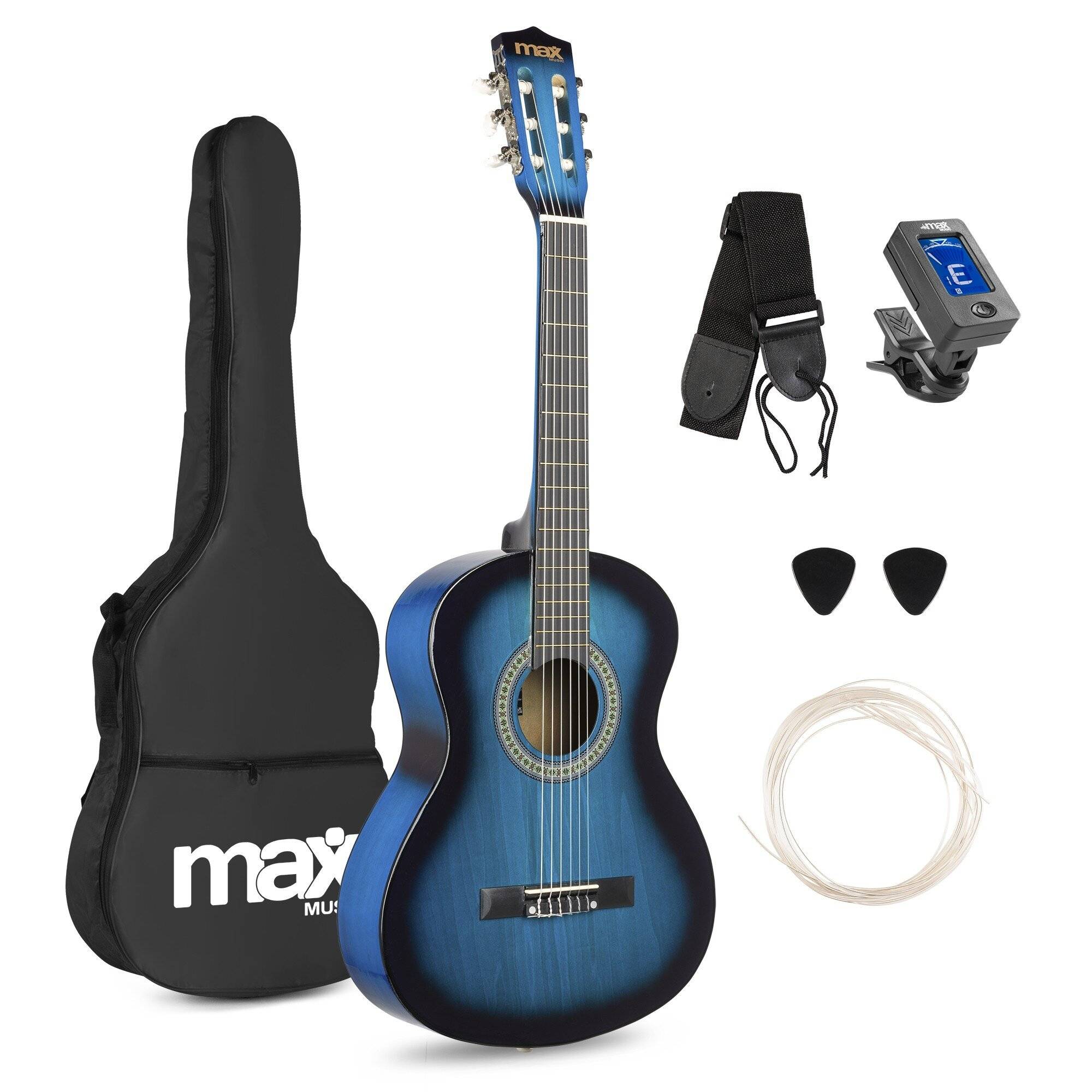FYNDHÖRNAN / Max SoloArt Junior 3/4 Klassisk Gitarrpaket Blå, Stilrent gitarrpaket för unga nybörjare med allt du behöver för att börja spela - Blå