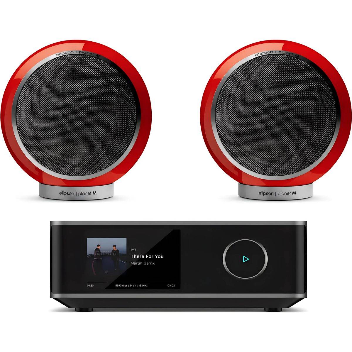 WiiM + Elipson Planet M rød + Amp Ultra space grå.