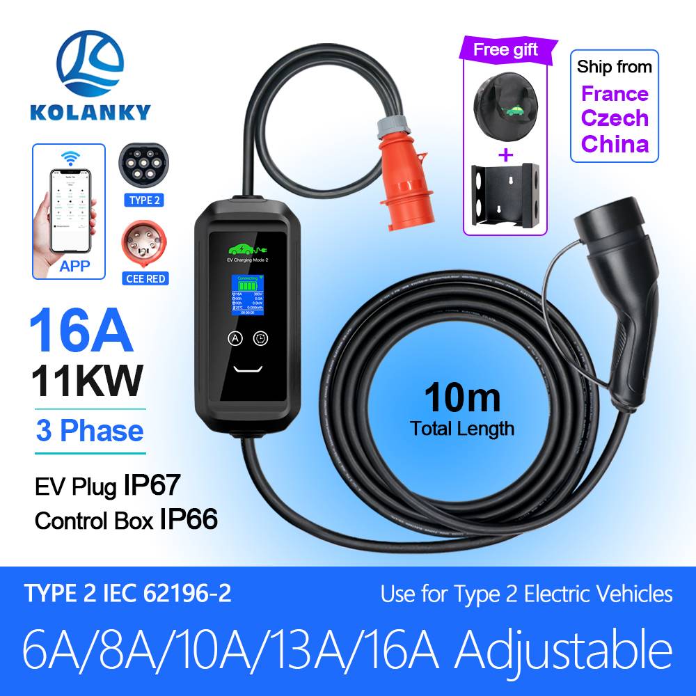 Kolanky 6/8/10/13/16A 11KW Eletric Vehicle Charger Timer Type 2 Smart TuyaAPP Wifi Control Set Charging Time PHEV Hybrid Car 10M
