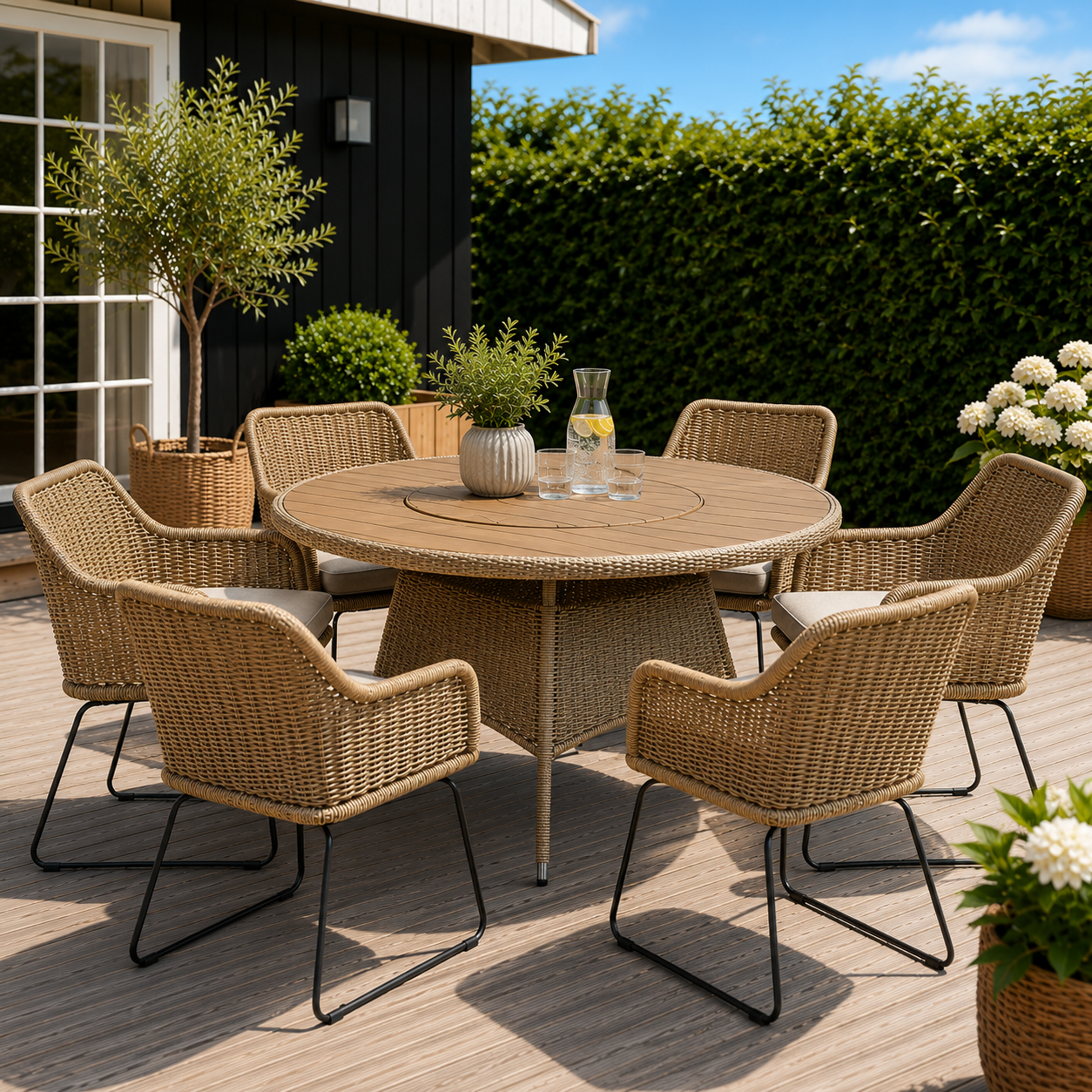 Vickie havemøbelsæt - Elegant rundt havebord i teak look Ø150 cm med drejeskive og 6 komfortable havestole med hynder i natur og sort.
