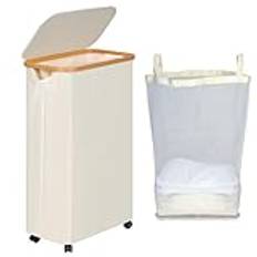 efluky Tvättkorg med rullar, 75 l, vikbar tvättkorg med lock, beige smal tvättbehållare med bambumönster och avtagbar påse för sovrum, badrum, tvättstuga