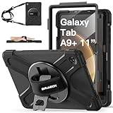 BRAECN fodral kompatibelt med Samsung Galaxy Tab A9 Plus/A9+ 11 tum 2023 (SM-X210/X216/X218), inbyggt skärmskydd, robust fodral som skyddar hela enheten, pennficka, stativ, axelrem, handrem, Svart