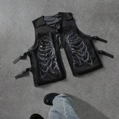 Men&#39;s Skeleton Print Pocket Casual Vest, Vacation Halloween Summer Autumn Outing Streetwear Vest, Gift Weighted Vest For Friends, Husband, Boyfriend S - Black - L,M,S,XL,XXL