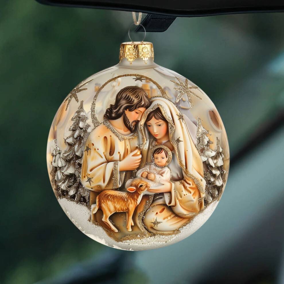 Jule stereo Nativity velsignelse vedhæng lavet af klar akryl, med en religiøs Nativity scene til bil- eller træpynt A