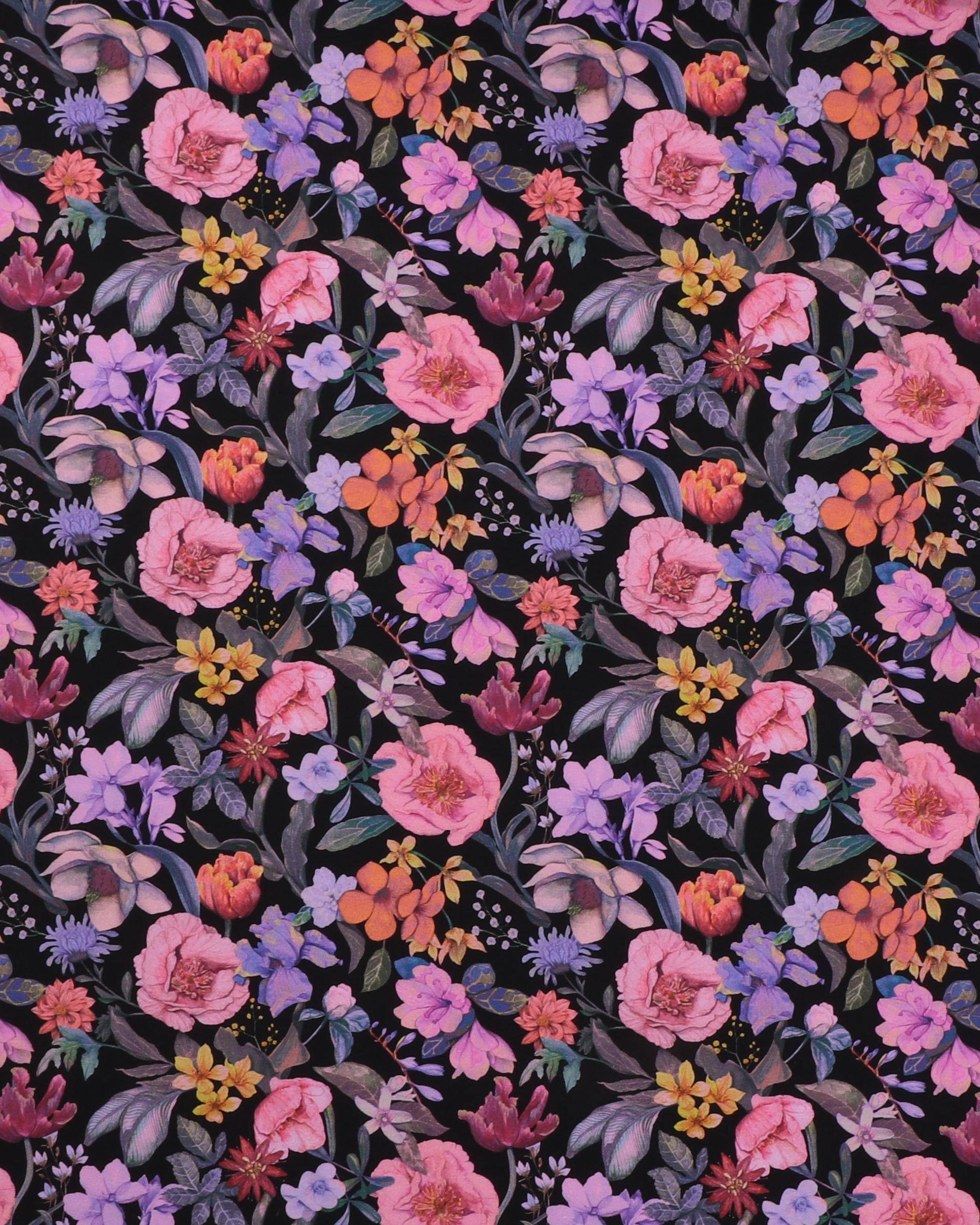 Blomster på sort bund - Jersey - 95% Bomuld, 5% Elastan