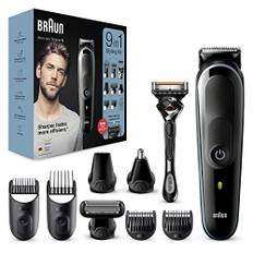 Braun 9-i-1 allt-i-ett-trimmer serie 5, manligt groomingkit med skäggtrimmer, hårklippare, öron- och nästrimmer och Gillette-rakhyvel, 7 tillbehör, gåvor för män, UK 2-stifts plugg, MGK5280, svart/blå