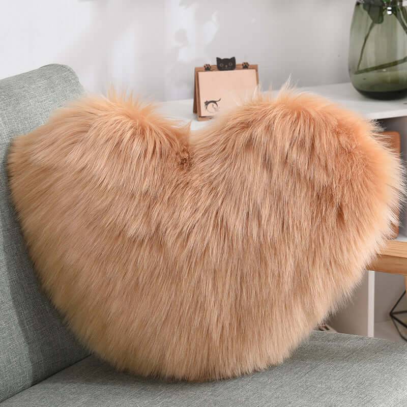 Heart Shaped Plush Throw Pillow - Fluffy Shaggy Cushion - Khaki / Pillow core and pillowcase (Pillow core and pillowcase)