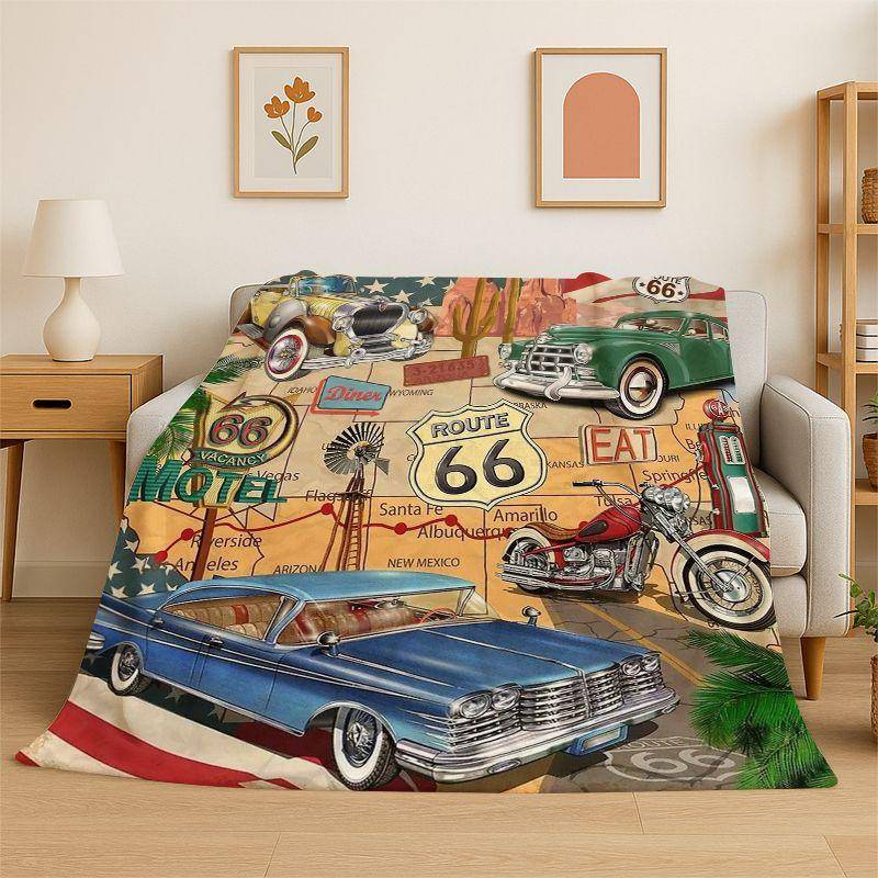 Route 66 Retro Amerika Historiska Modervägen Flanellfilt Mjuk Pläd för Sovrum Vardagsrum Säng Resa Sovöverdrag Gåva