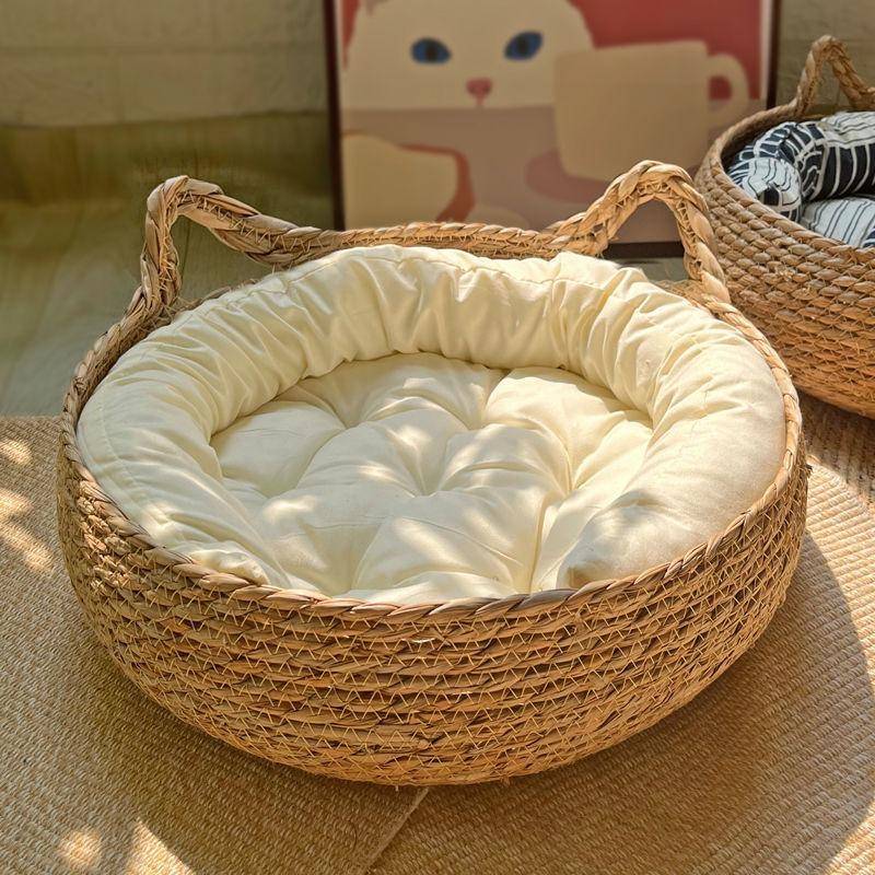 OUZEY Korg för katter i rottingvävning Husdjurssäng för katt med kudde Mjuk Varm Säng för Valp Kattungemunk Rund Bekväm Sova Katthus