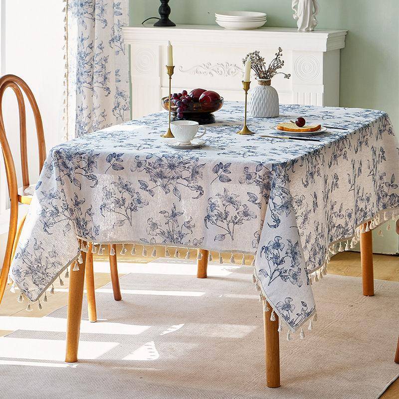 Elegant fransk vintage blå ros blommönstrad blandning duk med beige tofsar - Rektangulär, Perfekt för middagar, picknickar, fester, bröllop gray