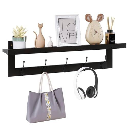 SMIBUY Klädkrokar med hylla väggmonterad, 74 cm entré klädhängare för vägg, bambu hängande hylla med 5 dubbla metallkrokar för badrum, sovrum, kök, vardagsrum, lera (svart)