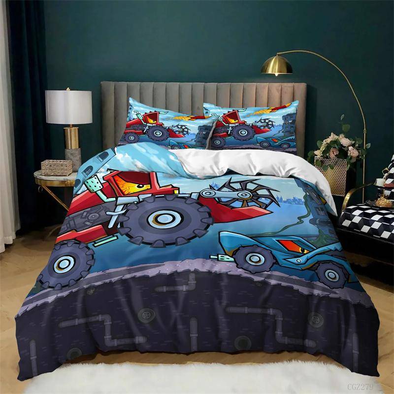 Grävmaskin Traktor Lastbil för Barn Pojkar Flickor Sovrumsinredning Byggfordon Tecknad Påslakan Kran Täcke 140x210cm 2pcs