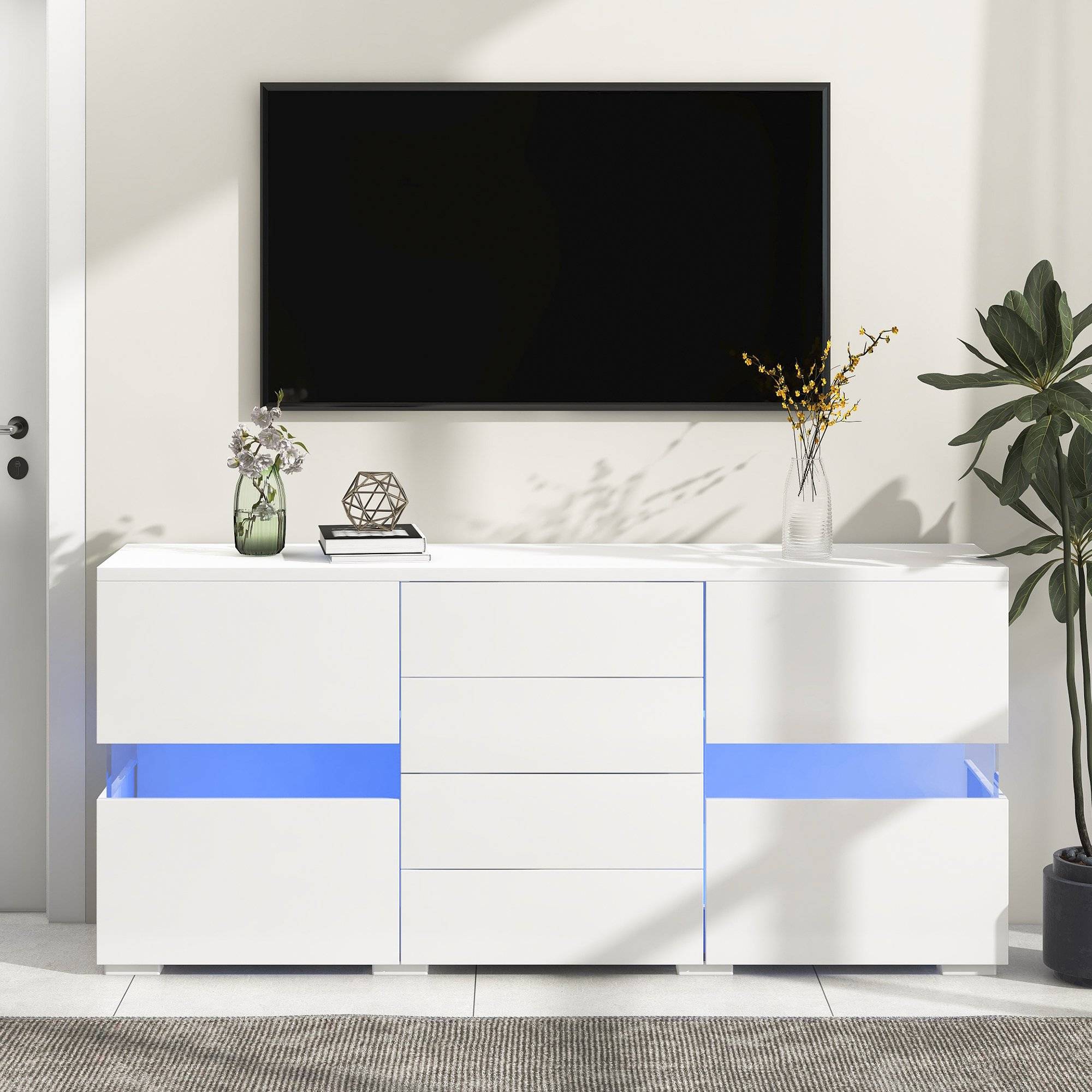 High Gloss Modern Sideboard Cabinet with LED Lights, 2 Doors and 4 Storage Drawers, Chest of Drawers for Living Room, 140x35x72 cm, White Aosom.UK