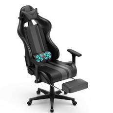 HENGMEI Gamingstol, datorstol, ergonomisk gamingfåtölj, kontorsstol, snurrstol med ländryggskudde, fotstöd, huvudstöd, skrivbordsstol, 300 kg lastkapacitet (med fotstöd, svart)