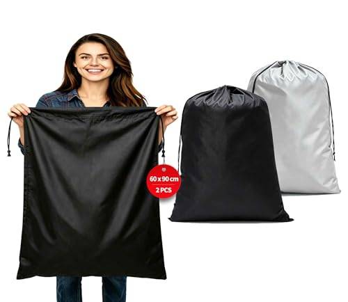 Dmjia ® 2 stycken tvättpåsar resor 60 x 90 cm, tvättpåse smutstvätt stor kapacitet, tvättpåse resa med snörstängning, tyg 120 l smutstvättpåse (svart och silver)