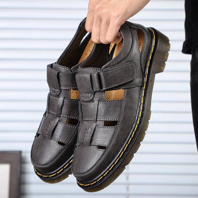 Äkta Läder Herr Plattform Casual Sandaler Stängd Tå Kardborre Plus Storlek Herrskor 44