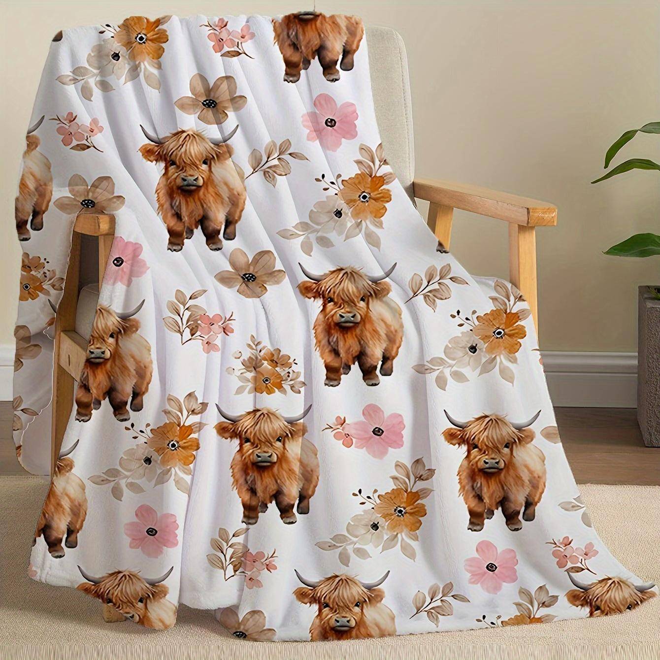 Fransk Stil Höglandsboskap Pläd - Fluffig Bekväm Mjuk Lättvikts Sängkläder Pläd, Djurtema Geometriskt Mönster, Hela Säsongen Polyester, M
