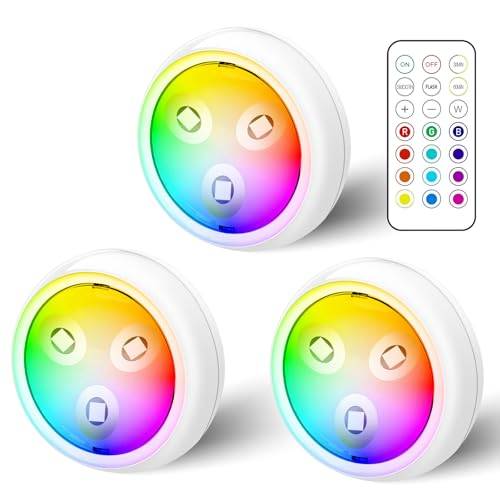 GBKDQQ LED RGB Spots batteridriven med fjärrkontroll, set om 3, 13 färgskiftningar, skåpbelysning, dimbar, vitrinbelysning, trådlös LED-touch-lampa, timer, underbyggd lampa, batteri till självhäftande