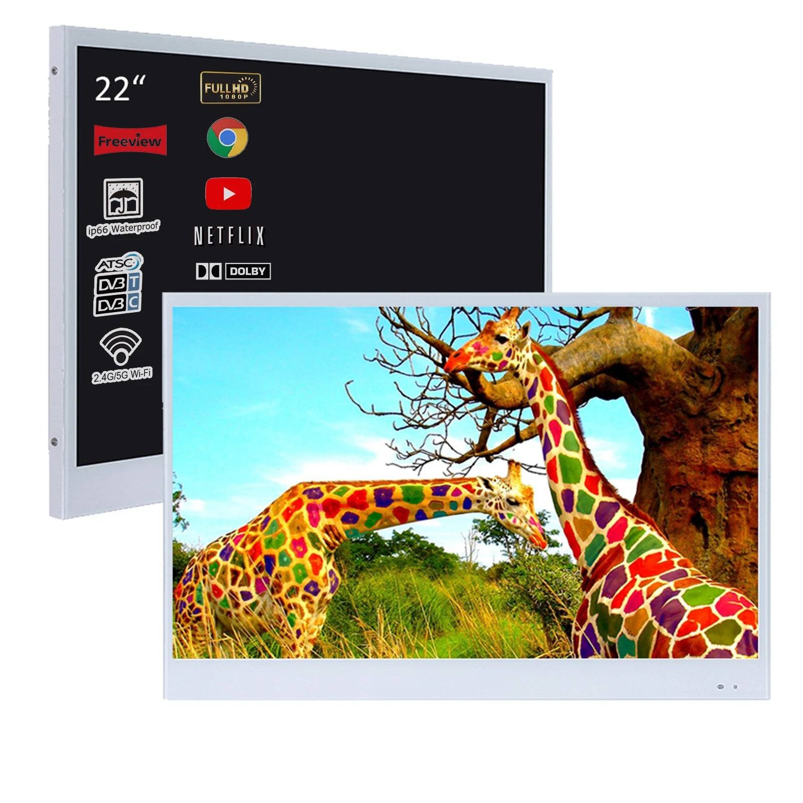 Souria 22 Inch Black Color Smart Bathroom TV IP66 Waterproof Android Display WiFi Bluetooth Television Hotel ATSC DVB Advertise - White / CHINA