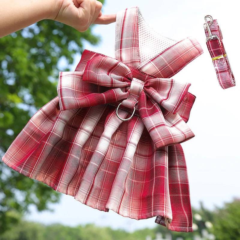 Plaid Bow Dress & Leash Set for Cats and Small Dogs - Dress Set Wine Red / XS（old） / SPC (XS（old）)