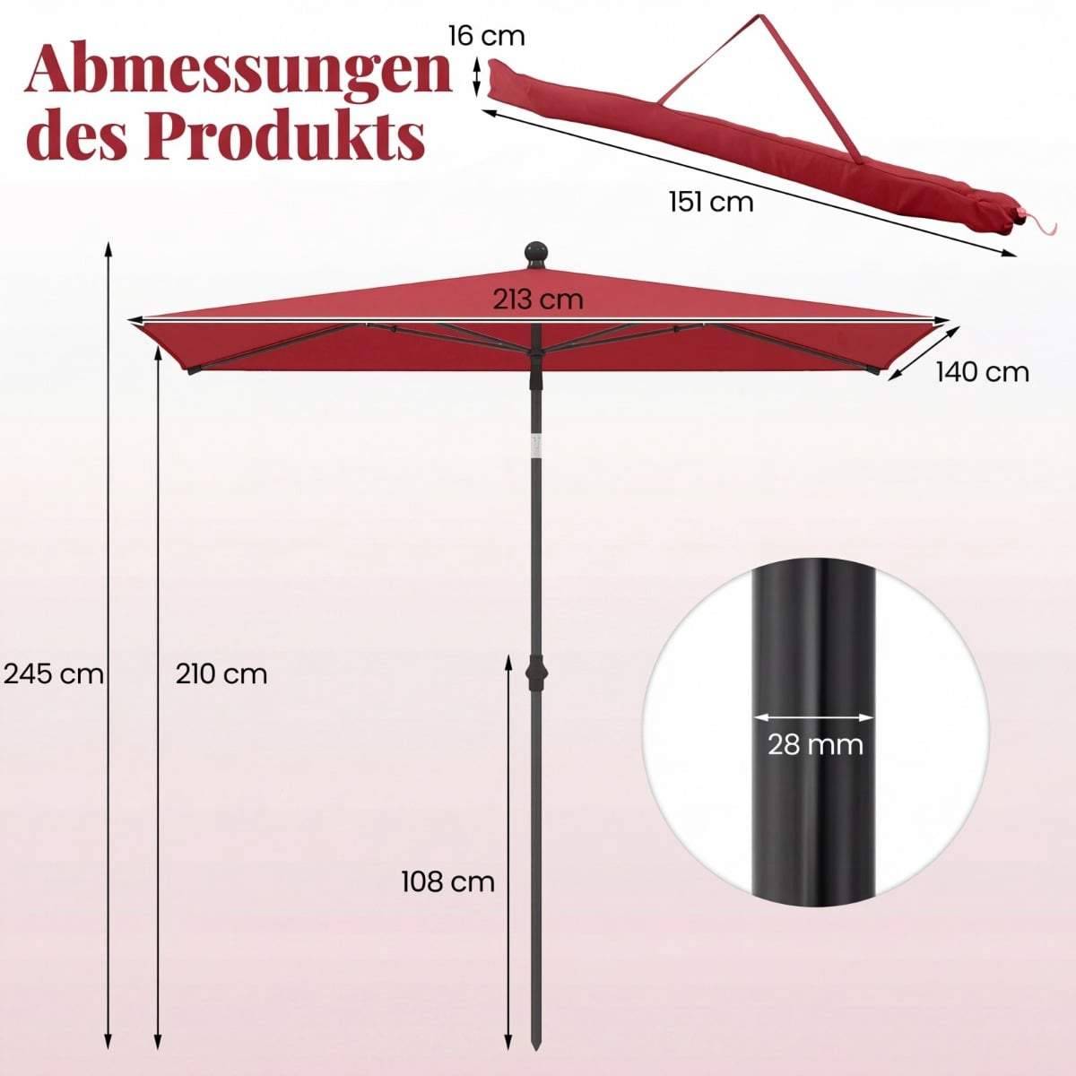 Rektangulær balkonparasol – rød, justerbar hældning
