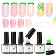 Gelike ec Sheer Nude Nagellack – Jelly Light Pink Gel nagellack med gul grön gelliner set, neutral färg gelé nagellack blötläggning off UV gel naglar för nagelkonst fransk manikyr hemma 7 ml, 6