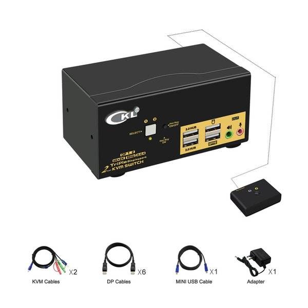 CKLau Dual Port Triple Monitor KVM Switch Displayport with Audio Output, USB 2.0 Hub and Cables Support Extended Display Resolution Up to 4096x2160@