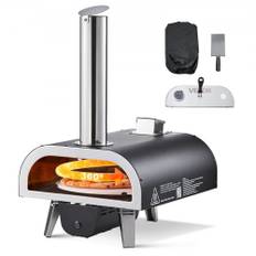 VEVOR udendørs pizzaovn, 30 cm træfyret pizzaovn, pillepizzaovn med termometer og elektrisk rotation, bærbar pizzamaskine til udendørs baghave, terrasse, camping, pizzasten, bæretaske, skovl