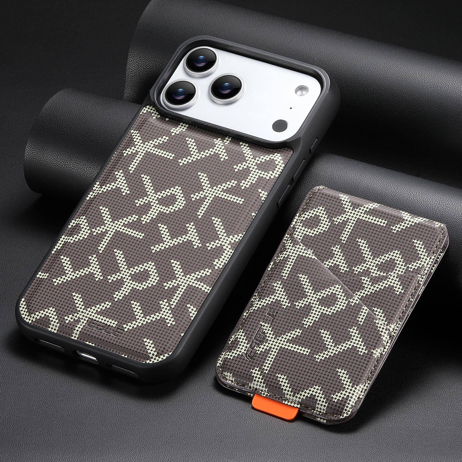 Magnetisk Trådlös Laddning Lyxigt Konstläder Bokstäver Mönster Fodral med Kort Hållare Stöd för IPhone 17 Pro Max 16 15