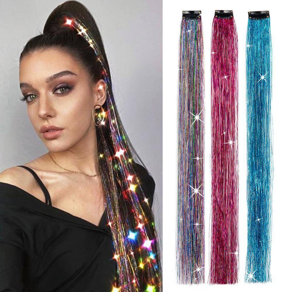 Clip In Hair Tinsel Silver Red Hair Tinsel Värmebeständigt Fairy Hair Tinsel Clip In Glitter Hårförlängningar För Kvinnor Flickor