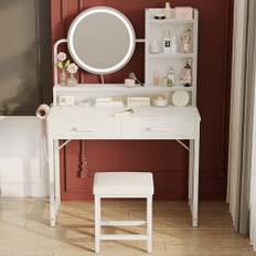 ODK Sminkbord med LED-lampor, justerbar ljusstyrka och justerbar höjd för 120–180 cm, 2 tyglådor och stol, 80 × 40 × 136 cm, vit + vit