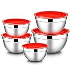 HaWare Salladsskål med lock, blandningsskål i rostfritt stål, uppsättning om 5–4,5 L/2,7 L/1,5 L/1,2 L/0,7 L, perfekt för matlagning/bakning/förvaring, stapelbar och diskmaskinssäker – röd
