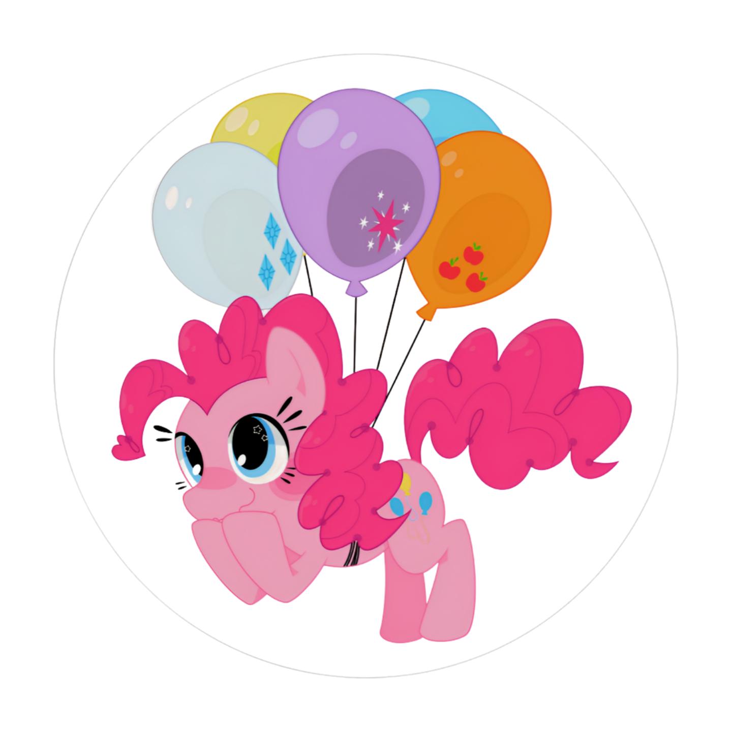 Rundt kageprint & sukkerprint – lyserød eventyrpony med balloner - 20 cm - 1 stk.