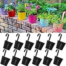 ARTKETTY 16 cm hängande blomkrukor metall järn vas hink planterare för räcke staket balkong trädgård heminredning blomhållare med avtagbara krokar, svart (paket med 12)