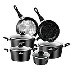 Homelux Set med stekpannor och grytor för induktionsspis, 10-delat set i gjutet aluminium, med non-stick-beläggning, alla kokkärl med lock, PFOA-fria, för induktionshäll och andra spisar, svart