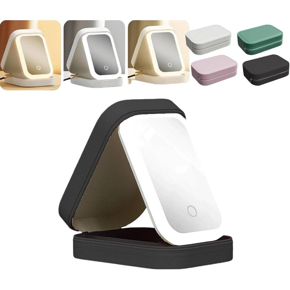 Frontaley/Rufenpurify LED rejse-makeupspejl med 3-farvet lys og integreret opbevaringsboks (sort) – kompatibel med USB