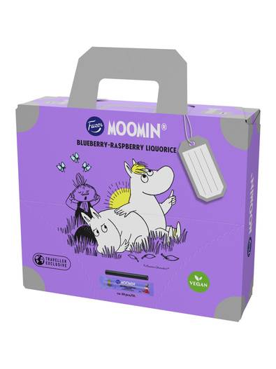 Fazer Moomin fyldt lakrids med blåbær- og hindbærsmag i en transportæske