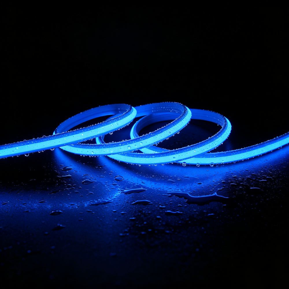 5m 9W/m Blå Slim COB strip - 230V, IP67 vandtæt, 296 LED, kan klippes for hver 10cm - Forpakning : 20m inkl. stik