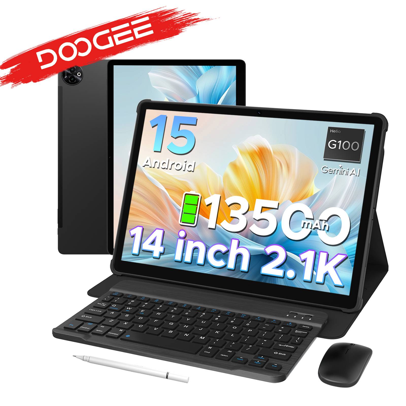 DOOGEE 2 in 1 Tablet PC Tab E3 Max Gmini AI 14" 2.1K Display 13500mAh Battery Android 15 32GB (8+24) 256GB Helio G100 Tablet PC