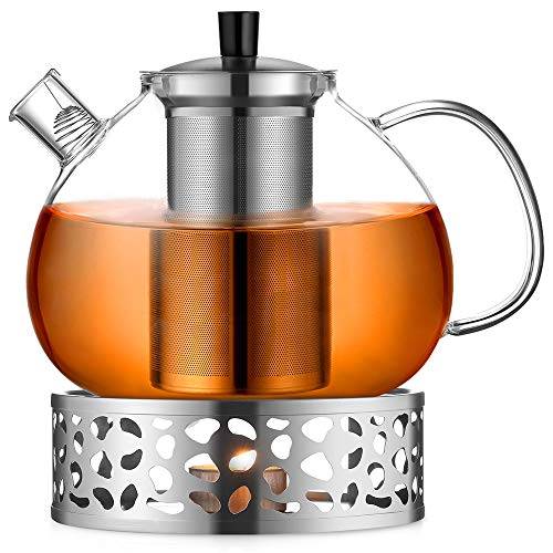 ecooe original 2000 ml silverfärgad tekanna i glas borosilikatglas tebryggare med avtagbar 18/8 rostfritt stål sil rostfri värmebeständig för svart te grönt te fruktte doftande te tepåse