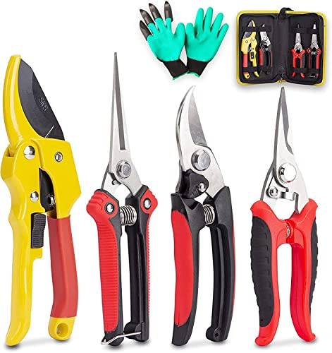 KOTTO 4-pack Beskärningssax Trädgårdsklippare, vassa beskärare i rostfritt stål, Professionell Bypass-beskärning Handverktyg Saxsats med förvaringsväska