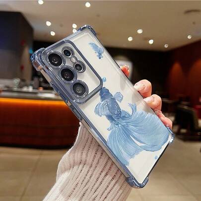 Ocean 1 st. nytt minimalistiskt fisk-elektropläterat krockkudde-skyddande/förtjockat transparent TPU-skyddsskal lämpligt för Galaxy S25 Plus/Galaxy S2 - Yuanfeng blå (Multi-size)