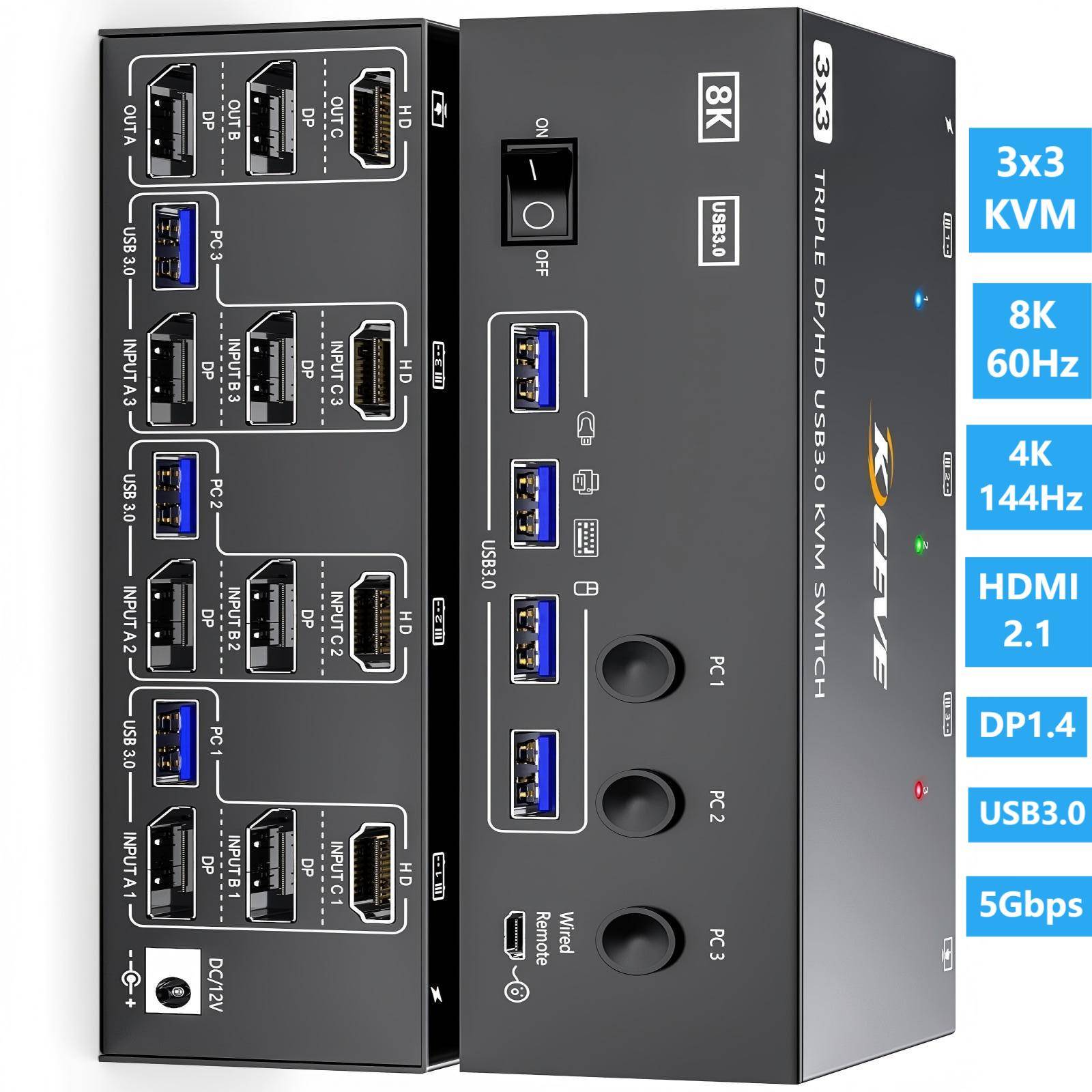 KVM Switch 3/2 Monitors 3 Computers 8K@60Hz,HDMI Displayport Triple Monitor/Dual Monitor Mixed Display KVM with 4 USB 3.0 Ports