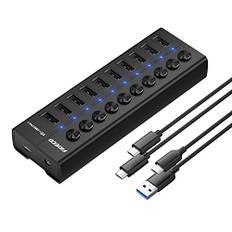 FIDECO 10-Portar USB 3.2 Gen 1 Hubb, Aluminium USB-Hubb med Oberoende Switch och LED-Lampa, USB Hub Aktiv Flera USB-portar med USB-C till C-kabel och USB A till C-kabel, och 12V 4A Strömadapter