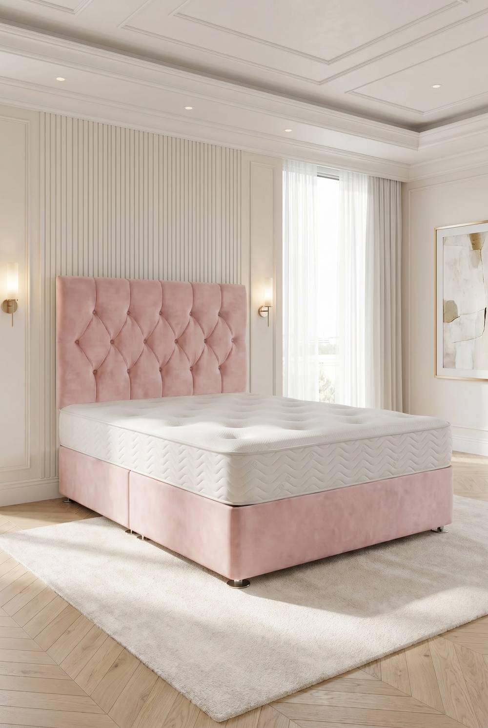 Somnior Ziggy Plush Velvet Divan Bed with Sprung Memory Foam Mattress and Headboard in Pink | Size: Double